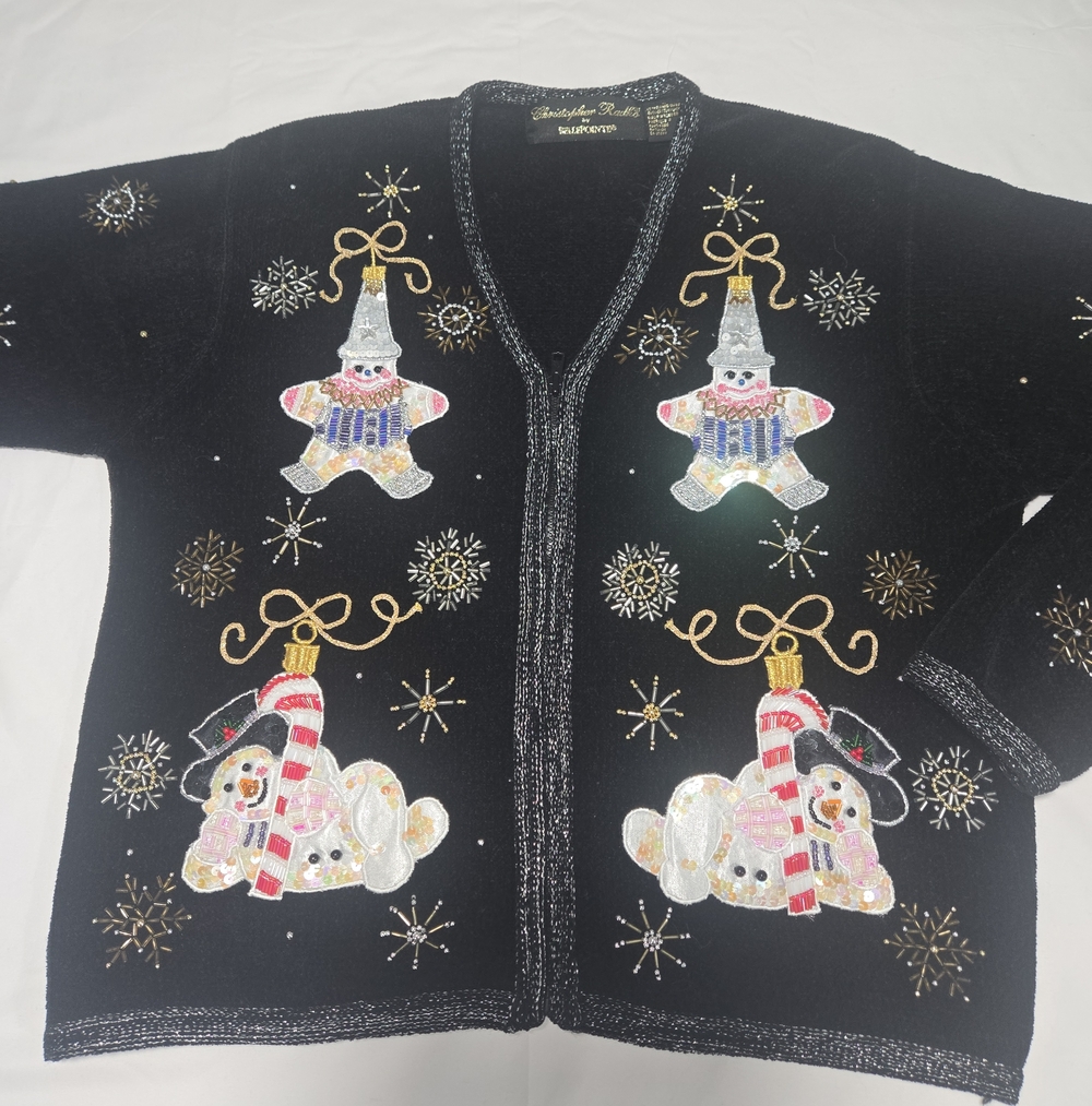 VTG Christopher Radko Y2K Snowman Embroidered Beaded Snowflake Cardigan